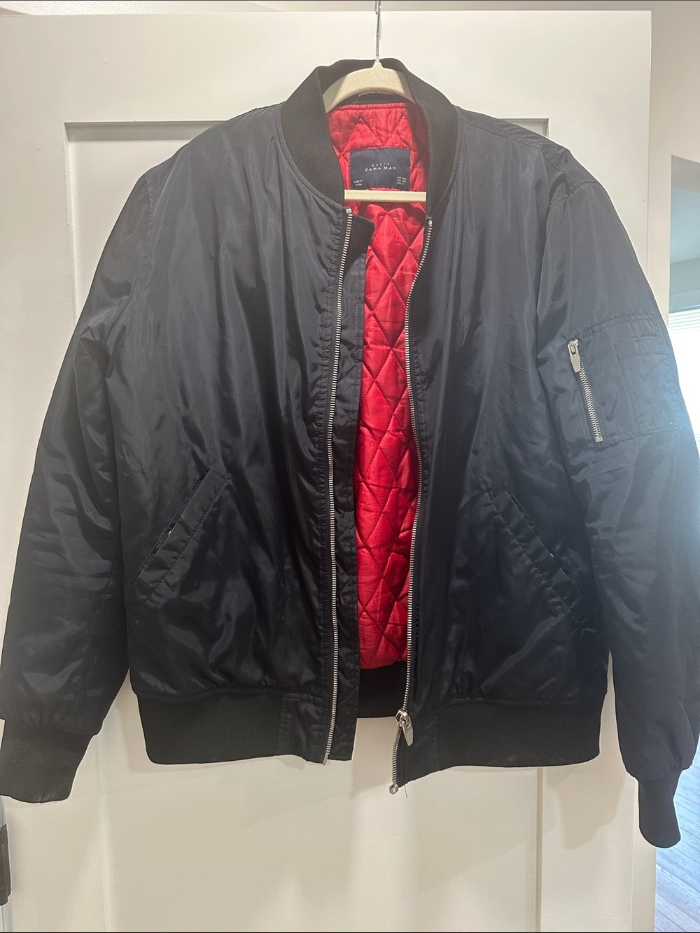 ZARA Black Bomber Jacket with Red Quilted Lining - Men’s Jacket
